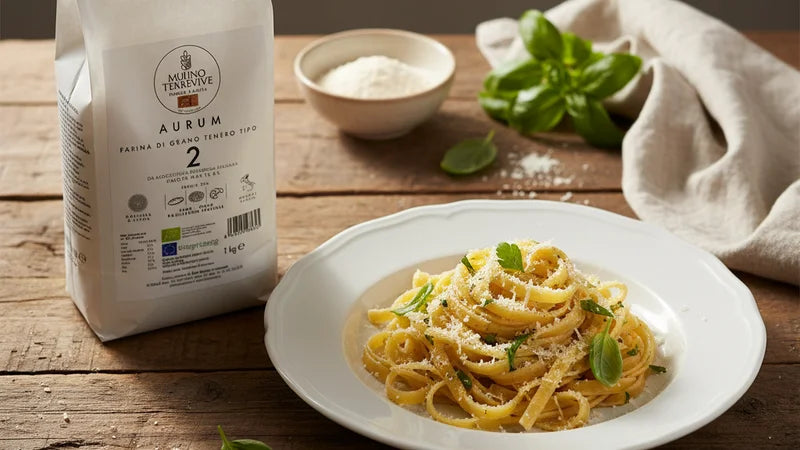 Nest frischer Tagliatelle mit geriebenem Käse und Basilikum auf weißem Teller, daneben der Sack Aurum-Mehl Typ 2 und eine Schale Mehl