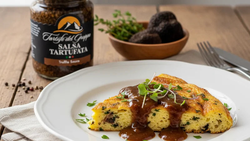 Frittata-Stück mit Trüffelsauce und Sprossen, dahinter das Glas "Salsa Tartufata" und schwarze Trüffel in einer Schale