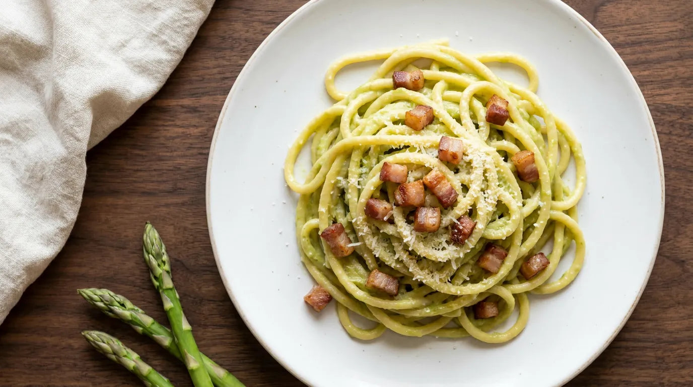 Bigoli all'uovo in crema di asparagi con cubetti di guanciale croccante e grattugiato in piatto bianco, a lato tre punte di asparago fresco