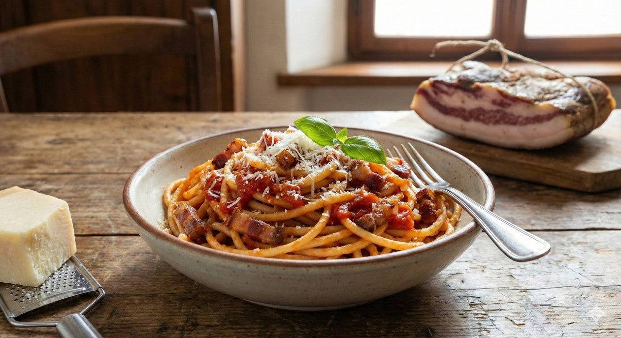 Spaghetti all'Amatriciana mit knusprigem Guanciale, geriebenem Pecorino und Basilikum, dahinter der Guanciale auf dem Schneidebrett