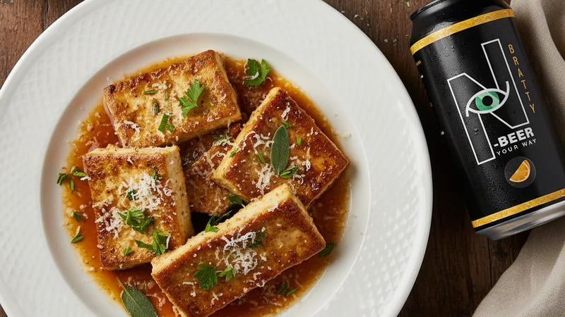 Goldbraune Tofuscheiben in bernsteinfarbener Sauce mit Petersilie und Salbei, daneben die schwarze Bratty-Dose