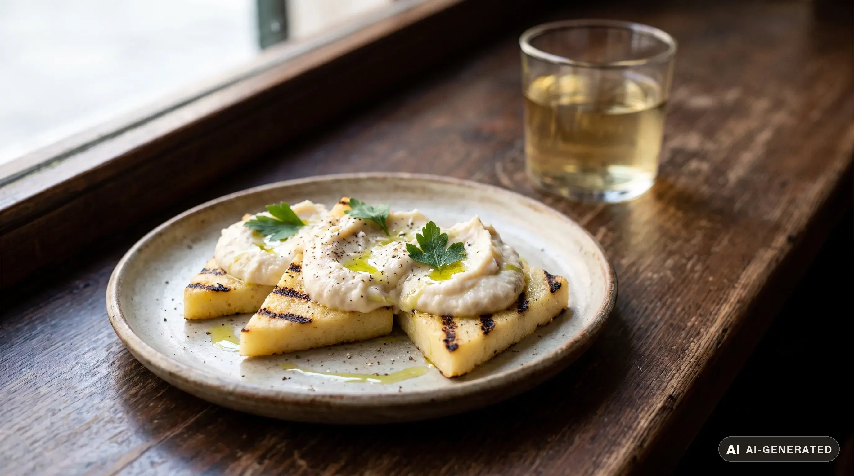 Baccalà mantecato alla veneziana servito su fette di polenta bianca abbrustolita, con un bicchiere di vino bianco