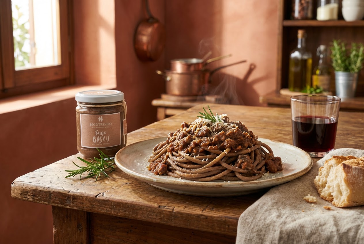Dampfende Bigoli mit Wildschweinragù und geriebenem Käse, daneben das "Sugo Bigoi"-Glas von SoloTreviso, ein Glas Rotwein und Brot