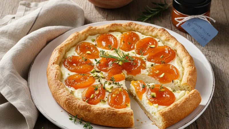 Herzhafte Tarte mit Ricotta, Aprikosenhälften, Pistazien und Thymian, ein Stück angeschnitten; daneben das Glas "Confettura di albicocche"