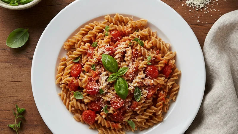 Vollkorn-Fusilli mit Kirschtomaten, geriebenem Käse und Basilikumblättern von oben, weißer Teller auf dem Holztisch