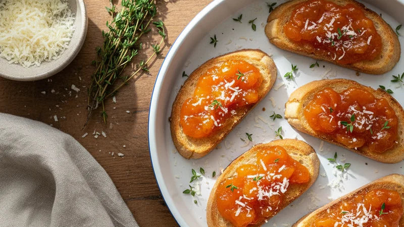 Häppchen aus geröstetem Brot mit Aprikosen-Konfitüre, geriebenem Käse und Thymian auf einem Teller mit blauem Rand, von oben