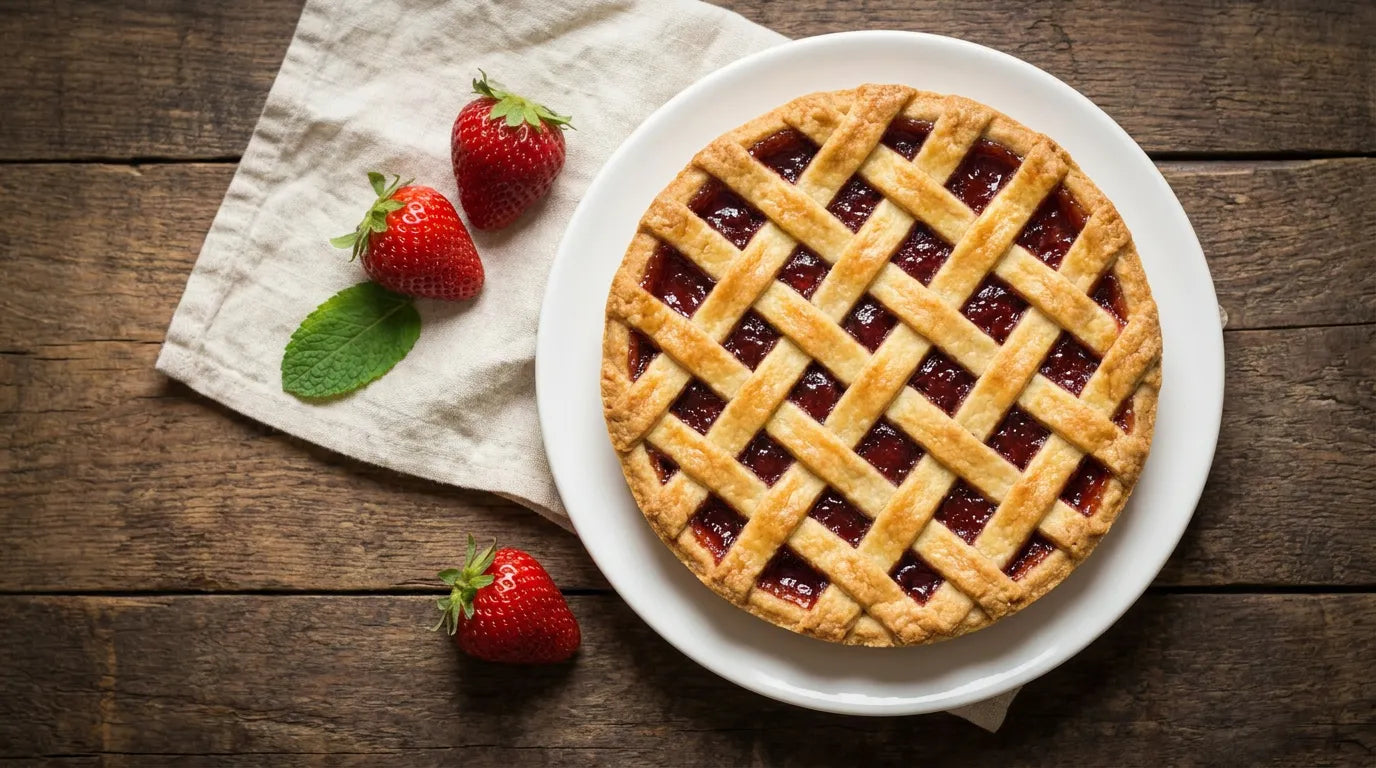 Crostata intera alla confettura di fragole con grata di frolla dorata su piatto bianco, a lato fragole fresche e una foglia di menta