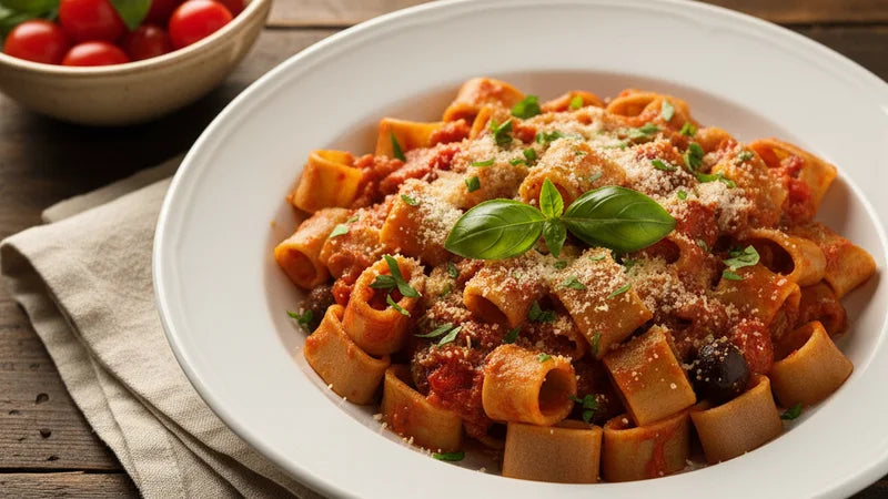 Vollkorn-Calamarata in Tomatensauce mit Oliven, geriebenem Käse und Basilikum auf weißem Teller, Kirschtomaten im Hintergrund