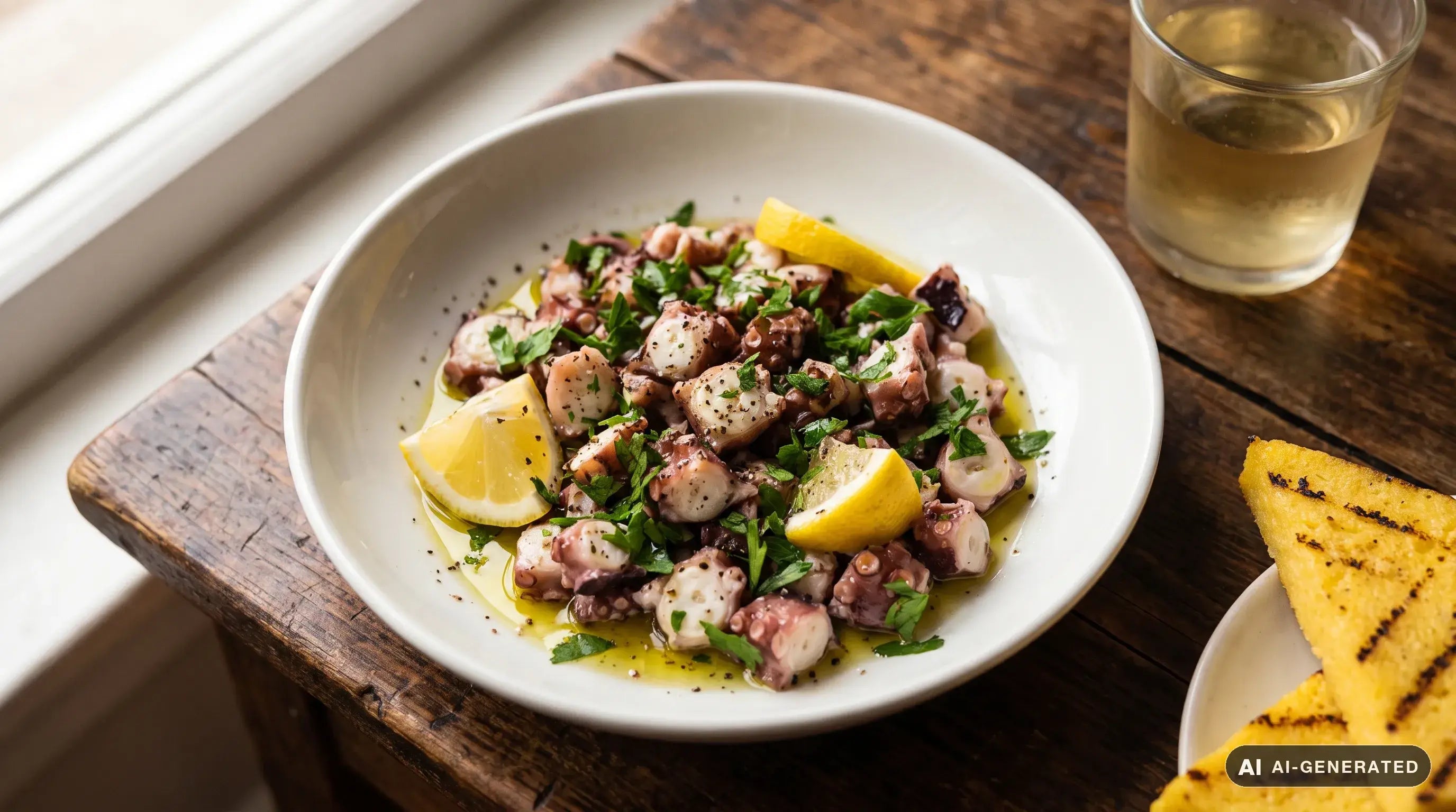 Folpetti conditi serviti in un piatto bianco di ceramica: polpi piccoli bolliti tagliati a pezzi, conditi con olio extravergine, succo di limone, prezzemolo fresco tritato e pepe nero, serviti a temperatura ambiente
