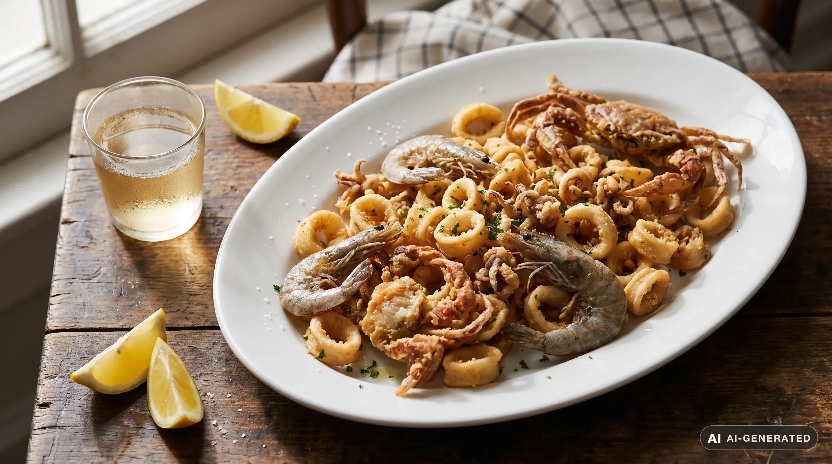 Fritto misto di laguna su un piatto ovale bianco: calamari dorati ad anelli, gamberetti grigi croccanti, moeche fritte intere, con spicchi di limone accanto, servito fumante