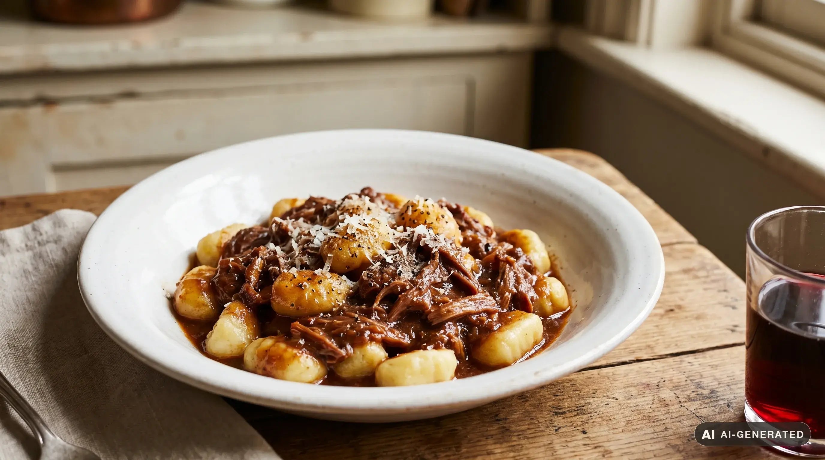 Gnocchi al ragù d'anatra serviti in piatto fondo bianco, sugo bruno e denso con carne sfilacciata, Parmigiano grattugiato sopra
