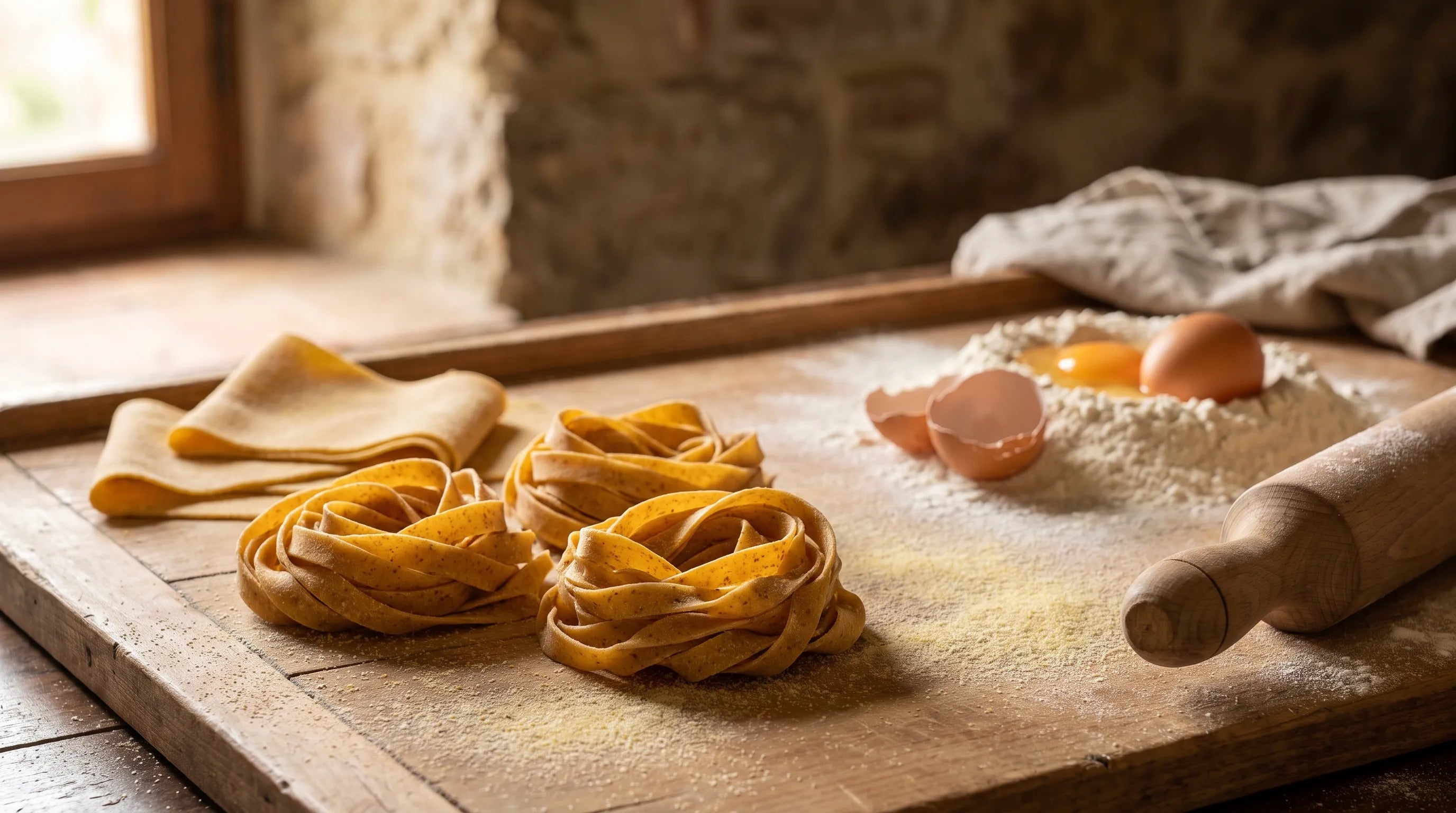Nester frischer Eier-Tagliatelle und gefalteter Teig auf bemehltem Brett, dazu Mehlmulde mit Eigelb und das Nudelholz
