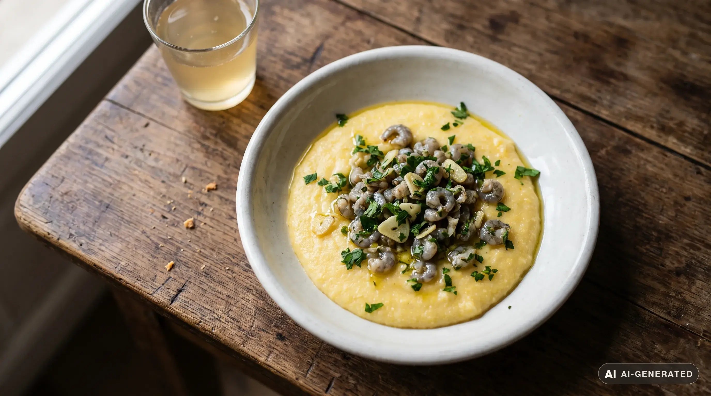Polenta morbida e cremosa servita in un piatto fondo di ceramica bianca, con sopra le schie (gamberetti grigi di laguna) saltate in padella con olio extravergine, aglio e prezzemolo, servite fumanti