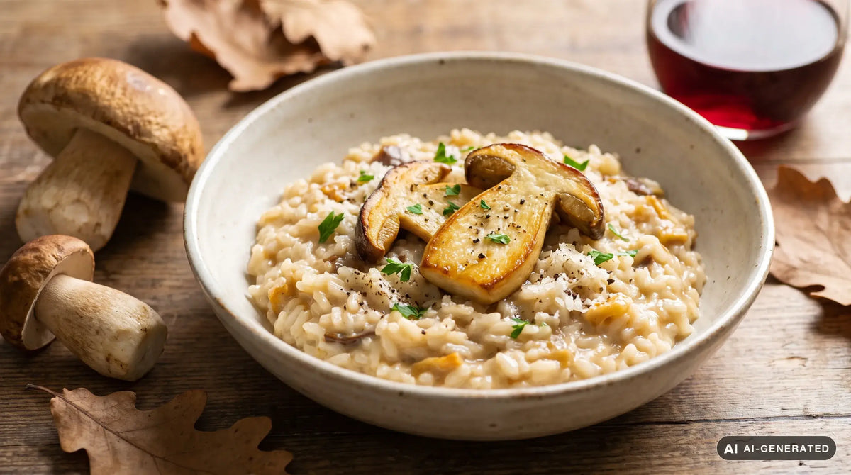 Risotto ai funghi porcini in un piatto fondo di ceramica chiara: riso cremoso con fette di porcino dorate, prezzemolo e Grana grattugiato, accanto a due porcini freschi interi su un tavolo di legno