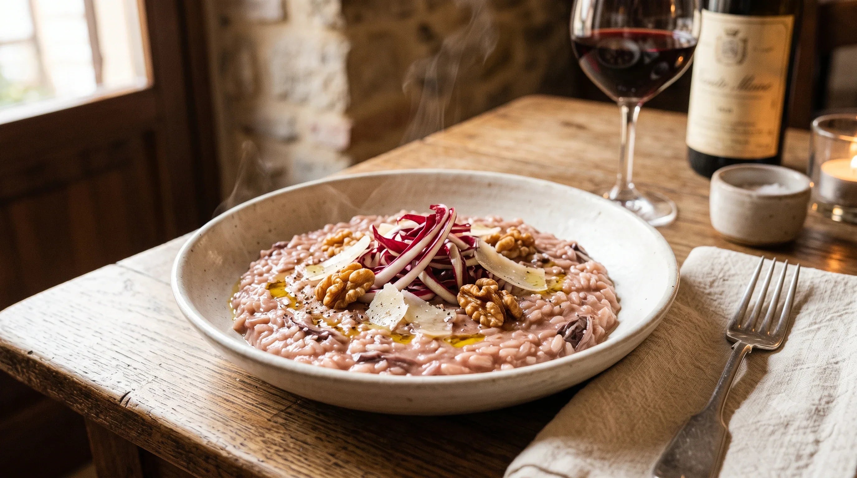 Dampfendes Risotto mit Radicchio Rosso di Treviso, Walnüssen, Käsespänen und Olivenöl, dahinter ein Glas Rotwein