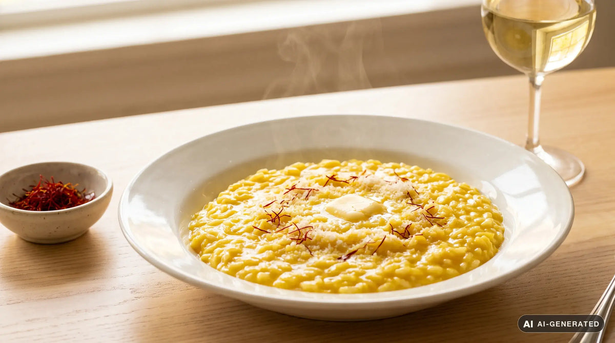 Risotto alla milanese in un piatto fondo di ceramica bianca: riso giallo oro, cremoso e all'onda, con qualche pistillo di zafferano e Grana grattugiato in superficie, su un tavolo di legno chiaro