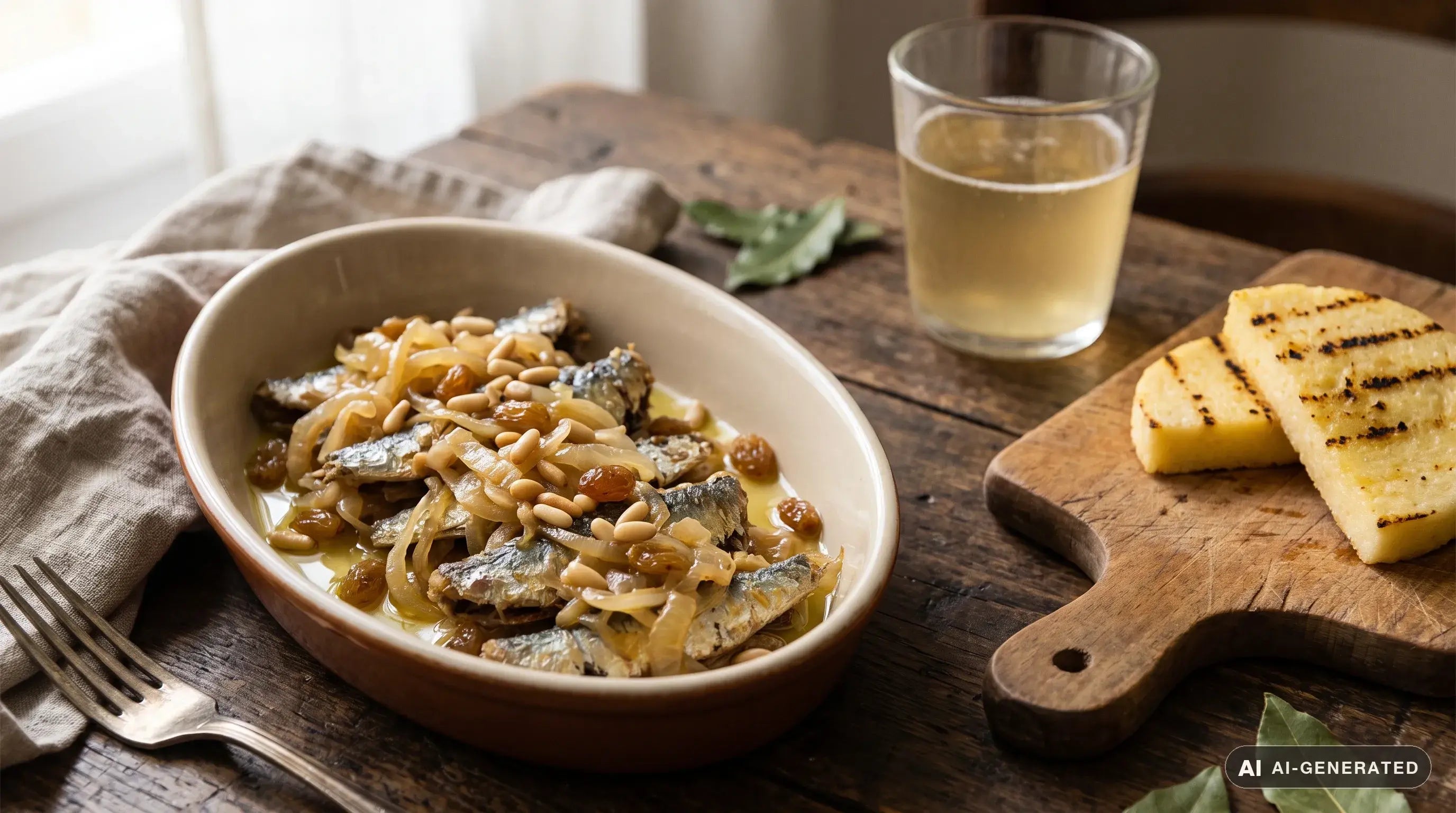 Sarde in saor servite in una pirofila di ceramica bianca con cipolla agrodolce, uvetta e pinoli, accompagnate da polenta bianca abbrustolita
