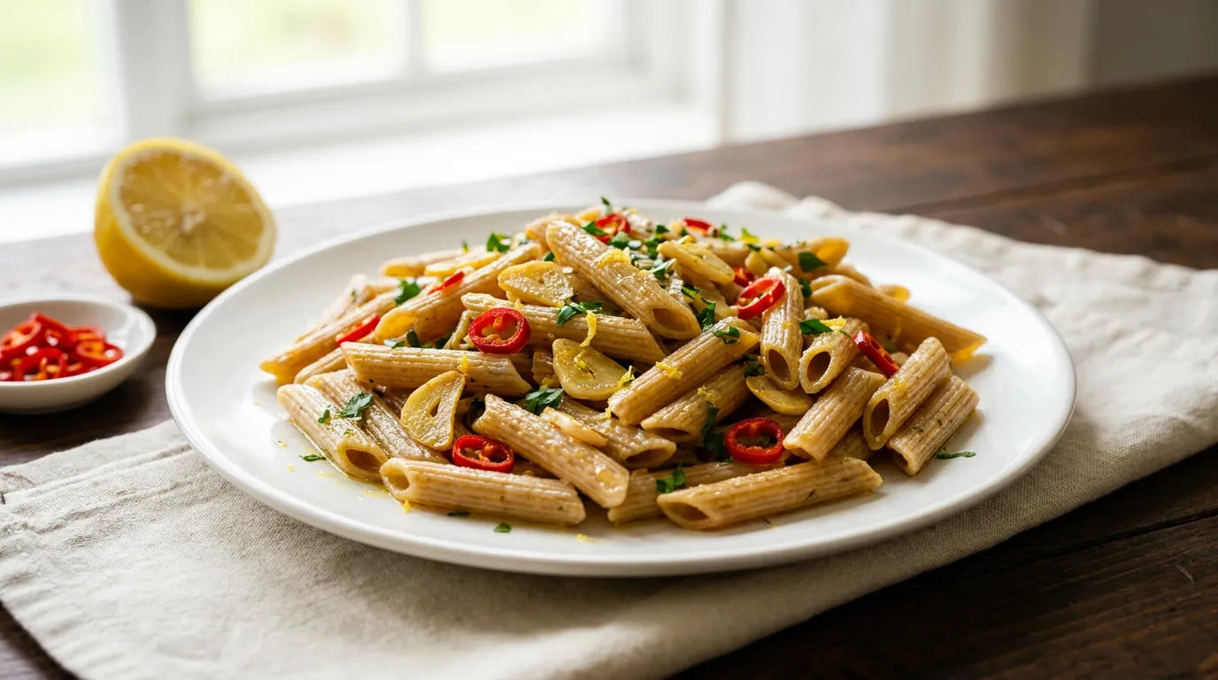 Mezze penne integrali con aglio dorato, peperoncino a rondelle, prezzemolo e scorza di limone, a lato mezzo limone e una ciotolina di peperoncino