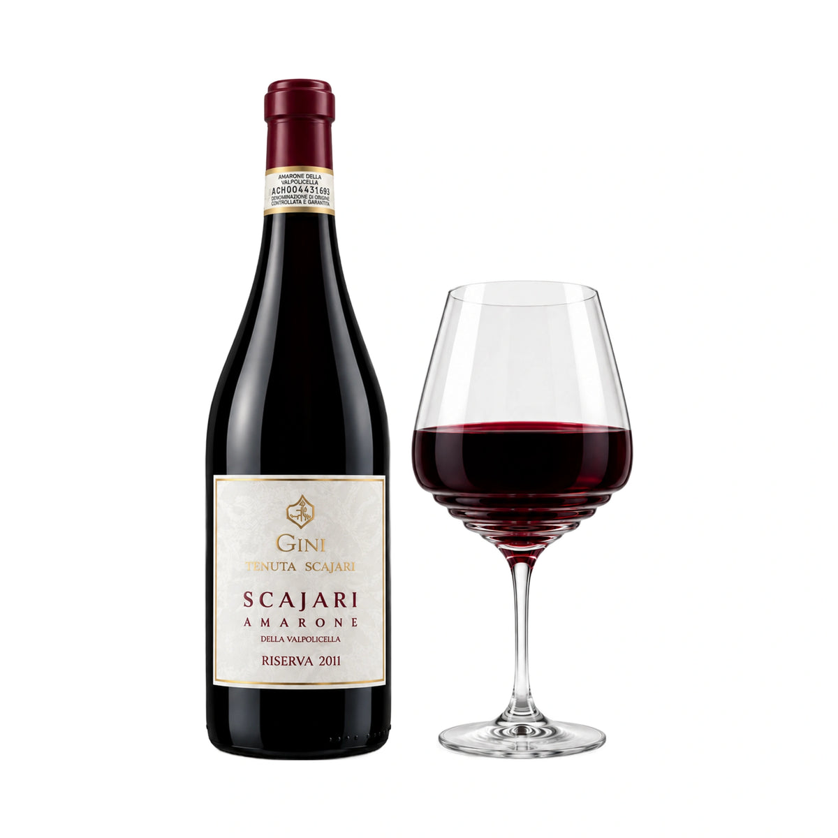Scajari-Amarone riserva 2011-bottiglia con calice-Gini-Vaigustando