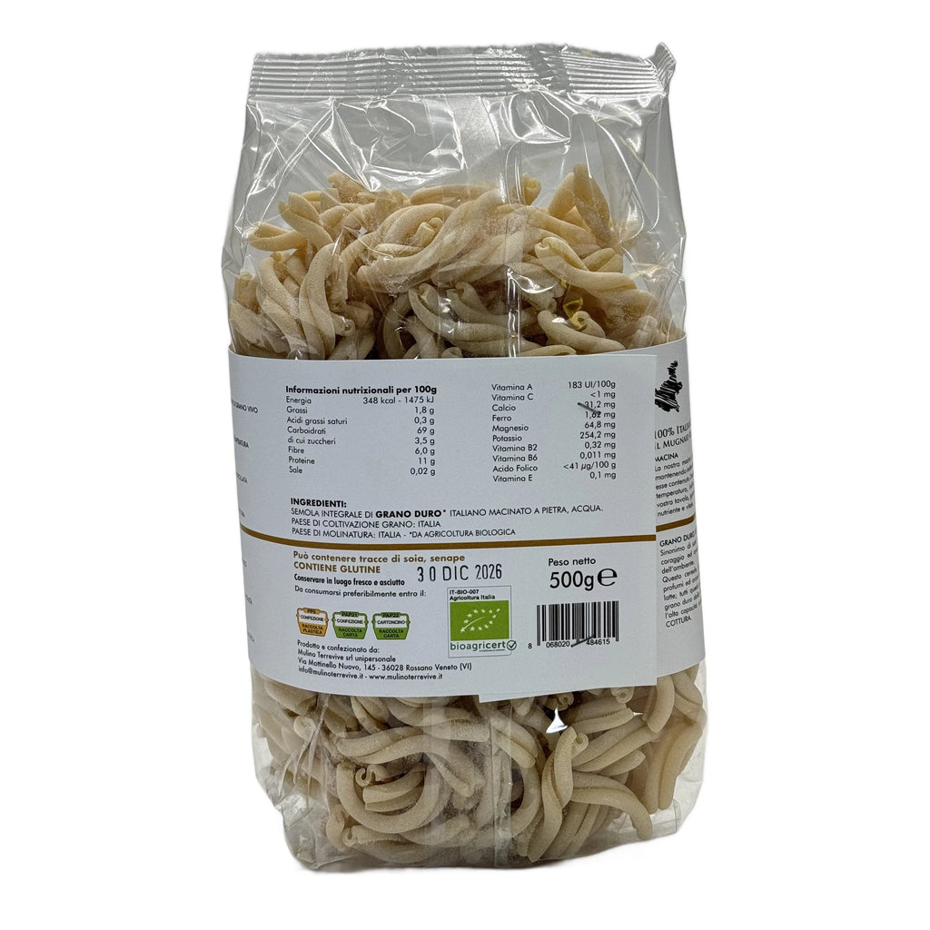Pasta Integrale Grano Duro Linea Oro  Caserecce 500g - BIO  -  Mulino Terrevive - vaigustando