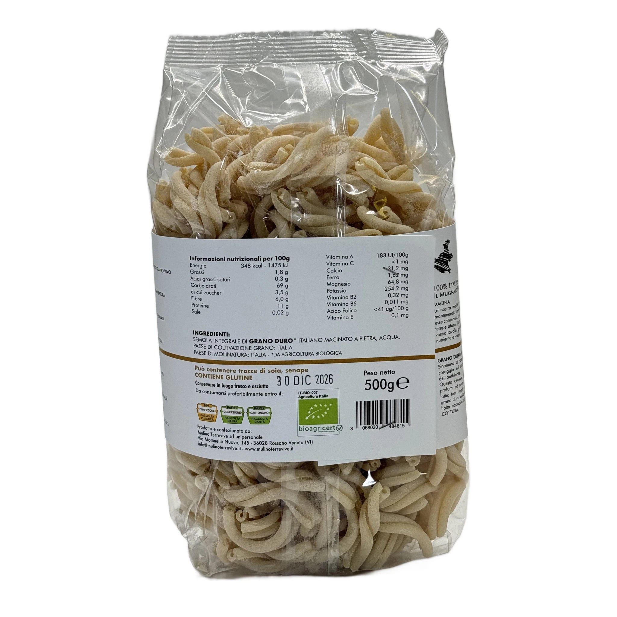 Pasta Integrale Grano Duro Linea Oro  Caserecce 500g - BIO  -  Mulino Terrevive - vaigustando