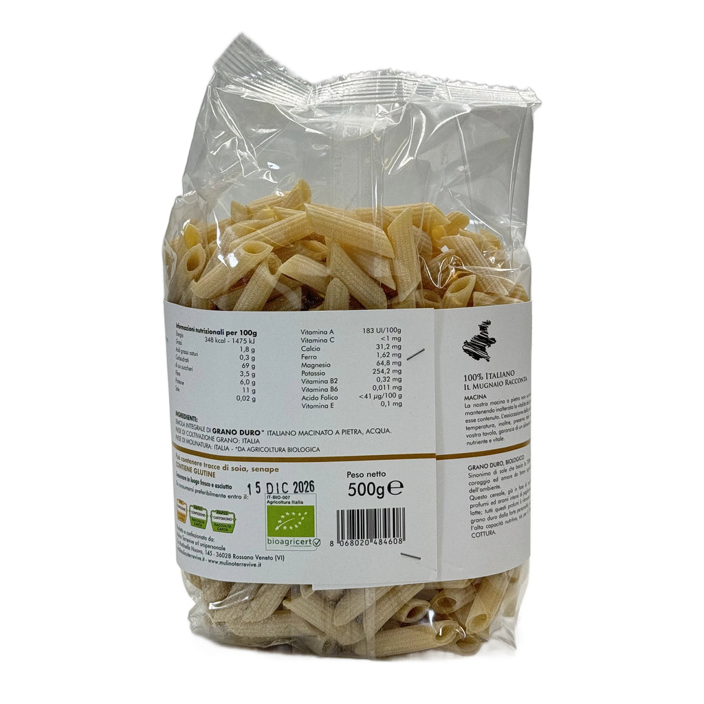 Pasta Integrale Grano Duro Linea Oro  Mezze Penne 500g - BIO  -  Mulino Terrevive - vaigustando