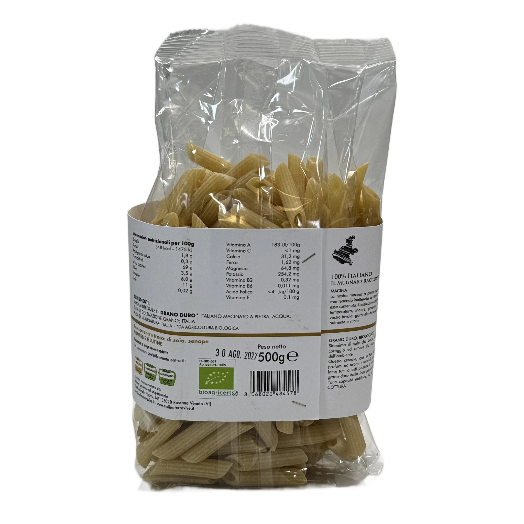 Pasta Integrale  Grano Duro Linea Oro  Penne 500g - BIO  -  Mulino Terrevive - vaigustando