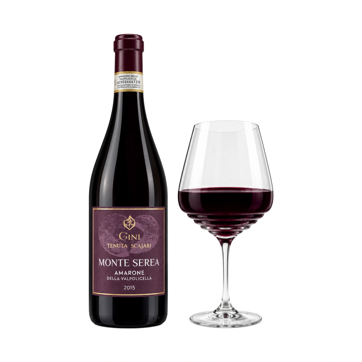 Monte Serea-Amarone  2015-Tenuta Scajari-bottiglia con calice-Gini-Vaigustando